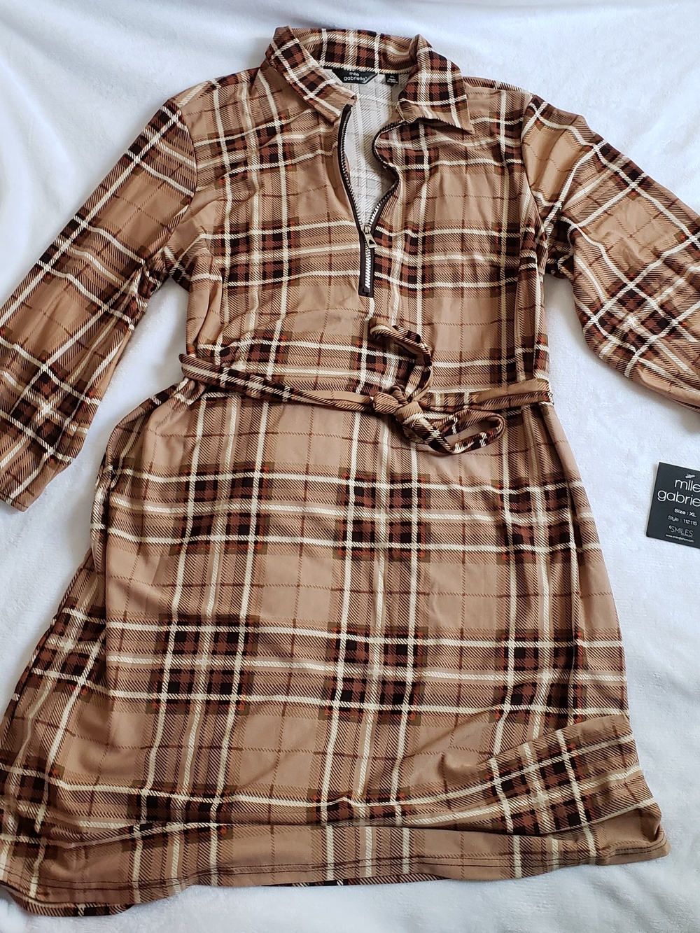 Mlle Gabrielle Tan and Brown Plaid Long-Sleeve Belted Dress